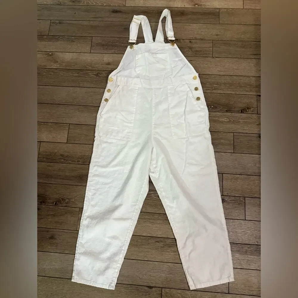 UEC Stoney Clover Lane White Linen Rayon Blend Cropped Overalls SZ M